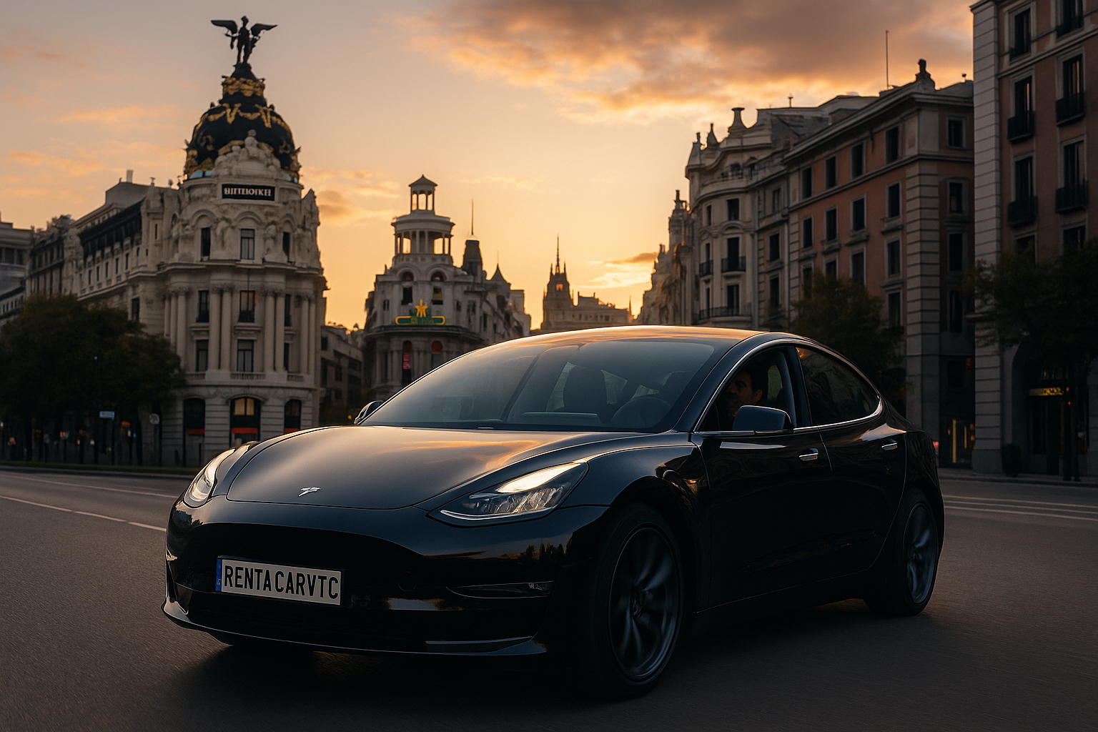 Tesla Model 3 de RentaCarVTC circulando por la ciudad de noche